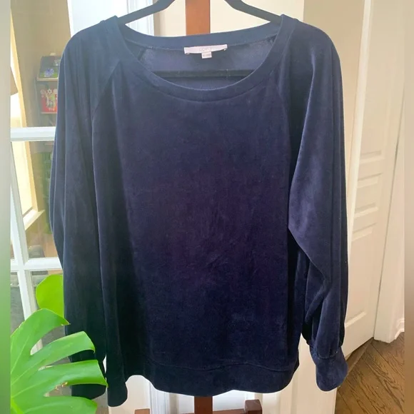 Loft women’s XL velvet navy blue sweater with rouched detailing - Picture 1 of 4